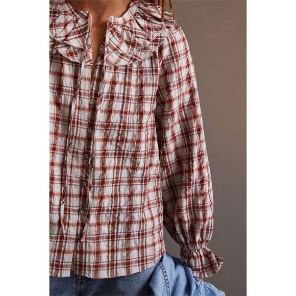 Anthropologie Maeve Ruffled Plaid Buttondown Red Mottif NWT M - Picture 6 of 12